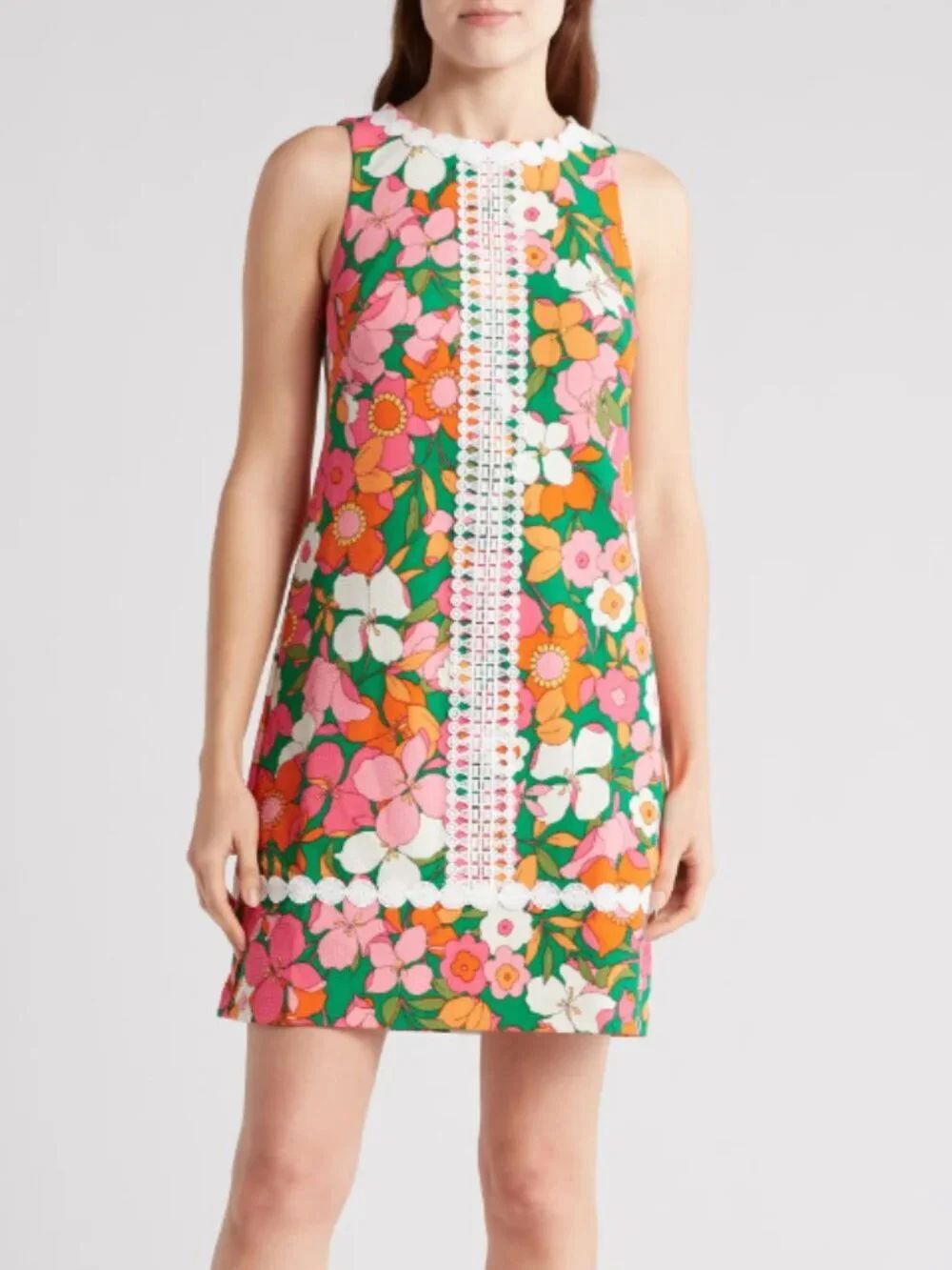 Eliza J Sleeveless Retro 70's Flower Child Floral Lace Trim Shift Dress Size 12
